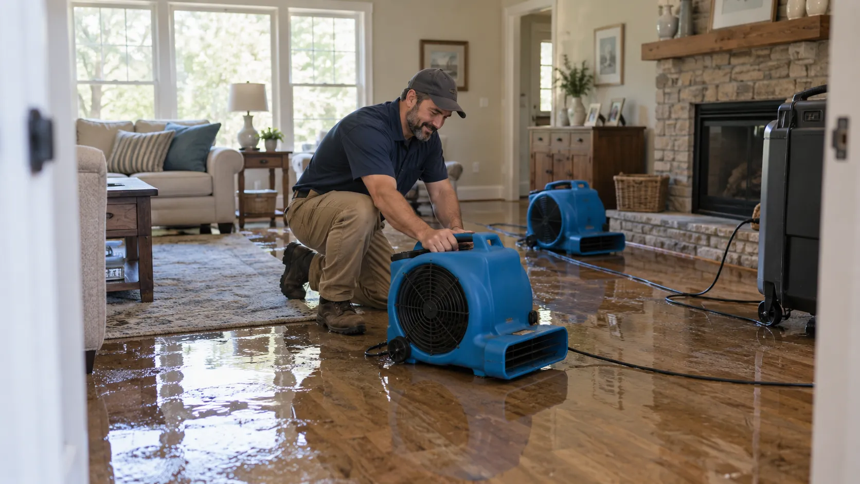 Water damage restoration technician drying a flooded living room in Portland